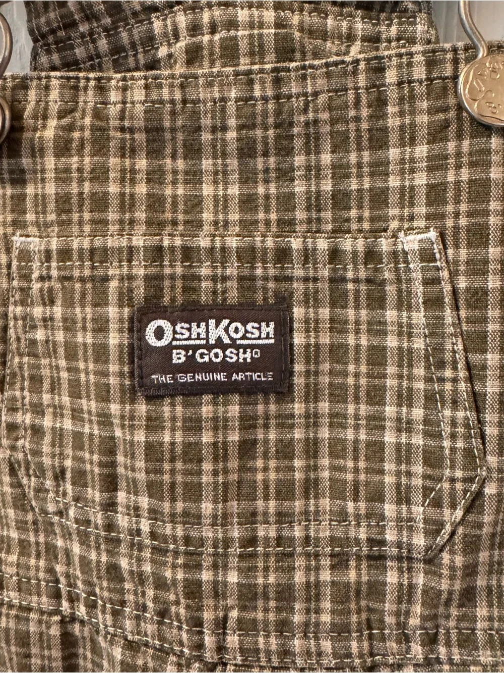 Vintage OshKosh B'gosh Plaid short Overalls Olive green check Vestbak Tide tag